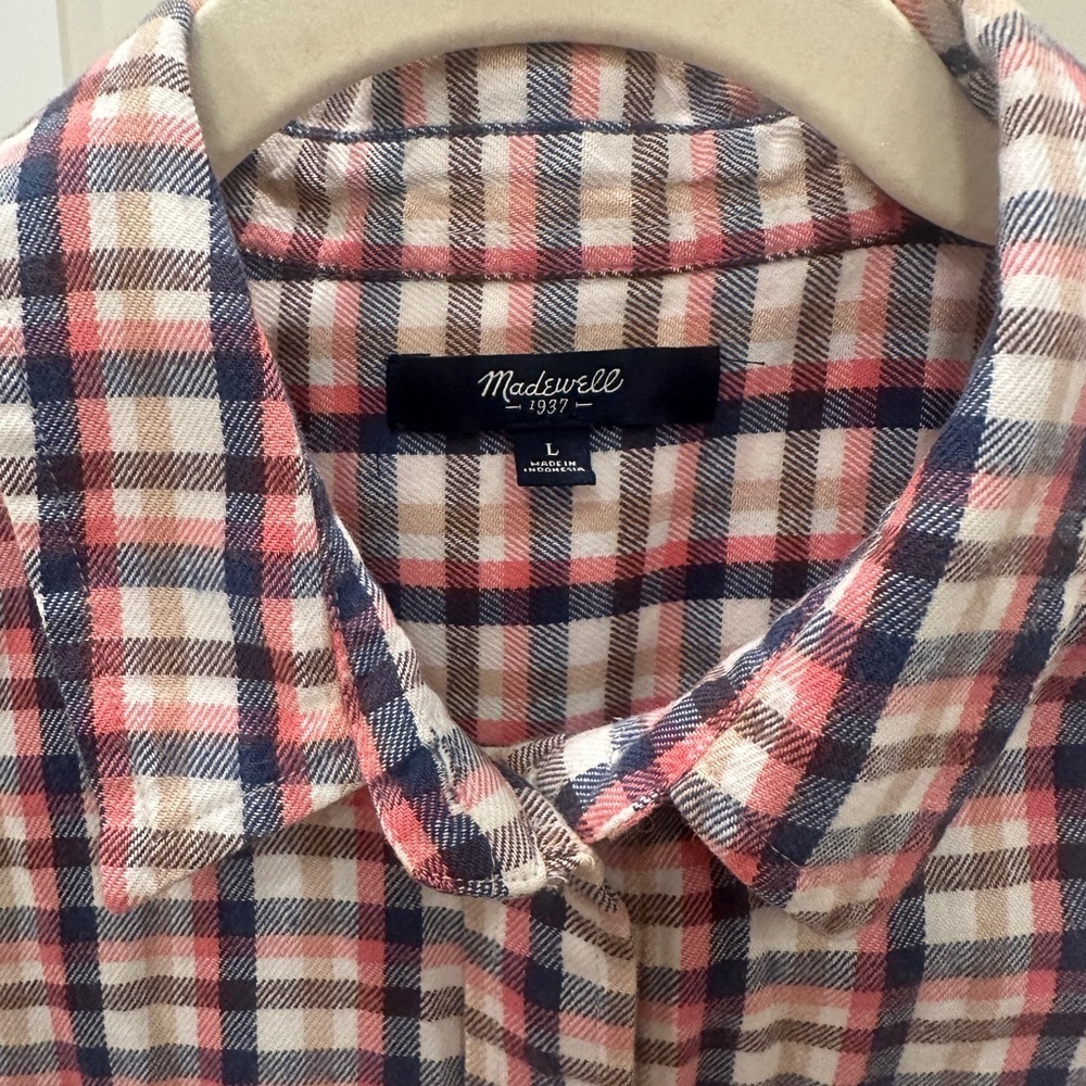 Madewell Plaid Button Front Shirt | Red Navy Cream | Large - Picture 3 of 6